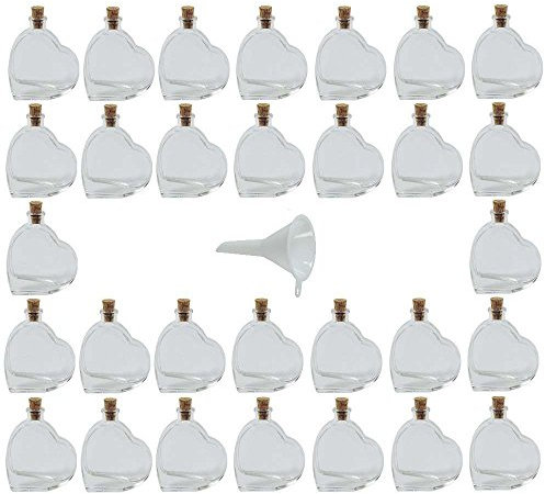 Viva-Haushaltswaren Gabriele Hesse e.K. 30 kleine Glasflaschen 50ml in Herz- Form mit Korkverschluss, zum Selbstbefüllen inkl. einem weißen Einfülltrichter Ø 5 cm