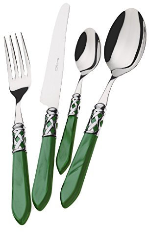 BUGATTI, Aladdin, Ensemble de 24 couverts en acier inoxydable 18/10, anneau chromé et manche VERT effet nacré. Set de couverts 6 personnes: 6 cuillères, 6 fourchettes, 6 couteaux et 6 cuillères à café