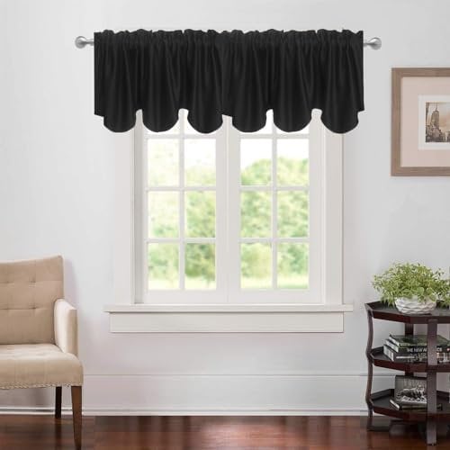 Aquazolax Kitchen Valances for Windows Readymade Blackout Window Scalloped Valance Curtains, 52inch by 18inch, Black, 1 Piece