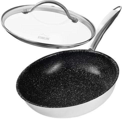 STONELINE PROFESSIONAL Edelstahlpfanne 20 cm, Pfanne mit Deckel, Edelstahl Bratpfanne Antihaftbeschichtet mit echten Steinpartikeln, für alle Herdarten, Ofen und Induktion