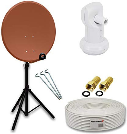 PremiumX Camping Satelliten-Komplettanlage 80cm Satellitenschüssel Aluminium Rot SAT Single LNB Kabel F-Stecker Dreibein Stativ