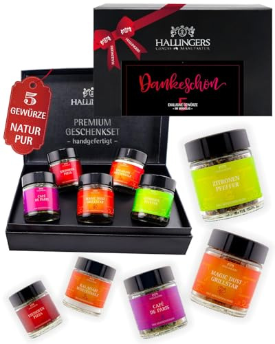 Hallingers Genuss Manufaktur Gewürz Dankeschön-Geschenk-Set - 5 Gewürze aus aller Welt in wertiger Geschenkbox mit Rezept-Booklet Dankeschön, Geschenkidee für Frauen Männer