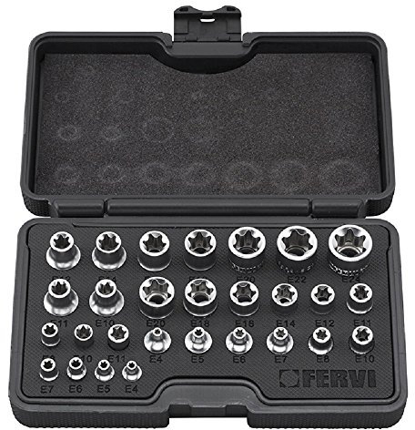 Fervi 0195 Serie Lot de 28 clés à douille Torx, adaptées pour boulons Torx Chrome Vanadium