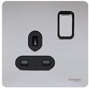 Schneider Electric Ultimate Screwless Flat Plate 13a Switched Single Socket Polished Chrome Black Insert
