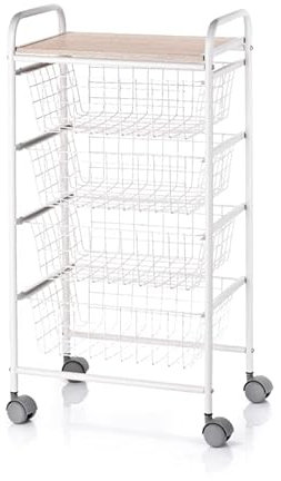 DON HIERRO - Carrito de cocina, carrito de almacenamiento FIESTA, 4 cestas de gran capacidad, Blanco-Haya-
