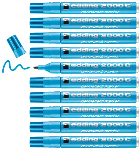 edding 2000 C permanent marker - light-blue - box of 10 - round nib 1.5-3 mm - quick-drying permanent markers - waterproof, smudge-proof - for cardboard, plastic, wood, metal, fabric - marker pen