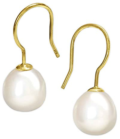 CLEVER SCHMUCK Goldene Damen Perlen Ohrringe als Ohrhaken 20 mm mit echter Süßwasserperle 9 mm weiss oval 333 Gold 8 Karat im Etui sand
