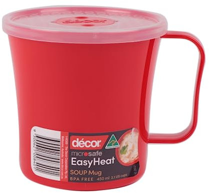 Décor Microsafe Soup Mug, BPA-Free red Plastic Soup Container with steam Release Vent, Microwave Soup Mug with lid, Dishwasher Safe & freezers Safe, 450ml