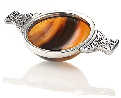 Highland Whisky Quaich - Horn & Zinn mit keltischen Ornamenten, Handgefertigt, Schottlands Tasse der Freundschaft