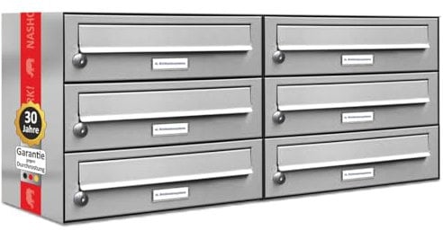 AL Briefkastensysteme 6er Briefkastenanlage Edelstahl, Premium Briefkasten DIN A4, 6 Fach Postkasten modern Aufputz