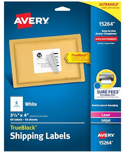Avery Printable Shipping Labels, Sure Feed Technology, 3-1/3 x 4, White, Laser/Inkjet Printable, 60 Blank Mailing Labels (15264)