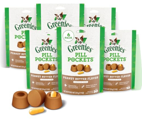 Greenies Pill Pockets for Dogs Capsule Size Natural Soft Dog Treats with Real Peanut Butter, (6) 7.9 oz. Packs (180 Treats) | Vet-recommended, capsule size, masks medicine odor, low calorie, stress- & mess-free, 7.9 oz pouches