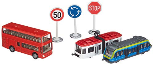 siku 6303, Geschenkset - Nahverkehr, Metall/Kunststoff, Multicolor, 1 Doppelstock-Reisebus, 1 Straßenbahn, 1 Nahverkehrszug, 3 Schilder