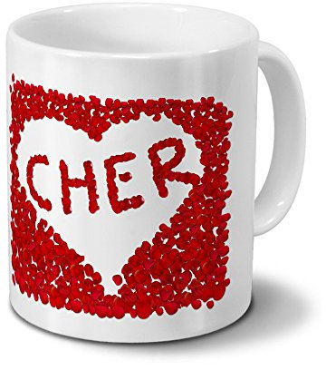 printplanet Tasse mit Namen Cher - Motiv Rosenherz - Material: Steingut - Füllvolumen: 325 ml
