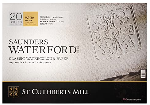 St. Cuthberts Mill Saunders Watercolor Paper Block - 20x14-inch White 100% Cotton - 20 Sheets of 140lb Rough for Gouache Ink Acrylic Charcoal and More
