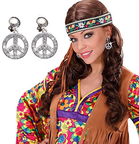 NET TOYS 70er Jahre Peace Ohrringe Hippie Ohrclips Hippieschmuck Kostüm Zubehör Ohr Ringe Karnevalsaccessoire Faschingsaccessoire