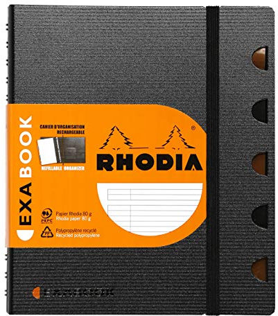 RHODIA 132576C - Cahier d’organisation rechargeable Exabook Noir - A5+ 16 x 21 cm- Ligné - 160 pages détachables perforation 6 trous - Papier Clairefontaine 80 g/m² - Couverture Polypro recyclé