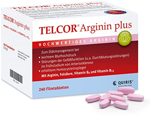 TELCOR Arginin plus, 240 vegane Filmtabletten, bei leichtem Bluthochdruck und im Frühstadium von Arteriosklerose, mit Vitamin B6, B12 und Folsäure ergänzt, Qualität Made in Germany…