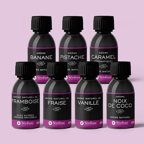 NEROLIANE – Lot 7 Arômes Naturels 50ml : Vanille, Noix de Coco, Fraise, Framboise, Banane, Caramel, Pistache – Pour Yaourts, Glaces, Pâtisseries – Vegan – Fabriqué en France – Sans Alcool