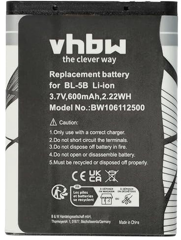 vhbw batteria sostituisce Nokia BL-5B per smartphone cellulare telefono cellulari (600mAh, 3,7V, Li-Ion)
