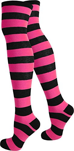 normani 1 2 oder 4 Overknees für Damen - Geringelt aus Baumwolle mit Elasthan, Uni oder Ringel Farbe Schwarz/Pink Größe 1 Paar