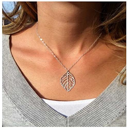 Yheakne Boho Leaf Pendant Necklace Large Leaf Necklace Silver Minimalist Necklace with Jewelry Chain for Women and Girls (Silver)