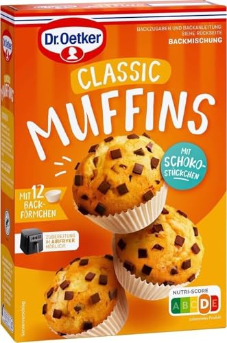Dr. Oetker Muffins, 380 g, Backmischung für klassischen Rührteig mit Schokostückchen zum Zubereiten von 12 saftigen Muffins, inkl. Papierbackförmchen