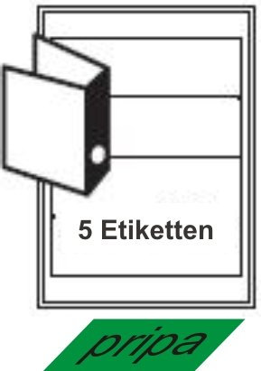 pripa Etiketten für Ordnerrücken breit 190 x 58 mm, 50 Blatt A4 selbstklebende Etiketten. Der Einzelbogen ist aufgeteilt in 5 Etiketten pro Bogen = 250 Etiketten/Pack