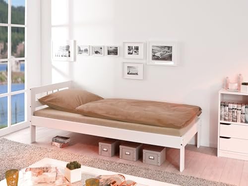 Inter Link – Holzbett - Bettrahmen – Bettgestell – Jugendbett – Gästebett – Einzelbett – Modernes Bett aus Kiefer Massivholz – ohne Lattenrost – Weiß Lackiert – Fana 90 x 200 cm