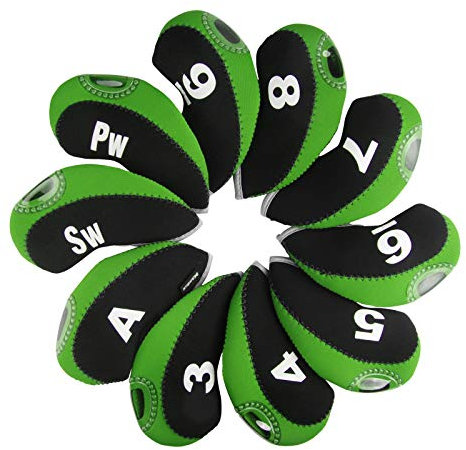 Andux Print Number Golf Iron Club Head Covers with Transparent Window 10pcs/Set Black/lime green