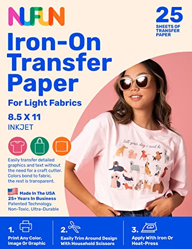 NuFun Activities Thermotransferpapier zum Aufbügeln für T-Shirts, leichte Stoffe, 25 Blatt, 21,6 x 27,9 cm, langlebig, professionelle Qualität, einfach zu basteln, ungiftig, hergestellt in den USA