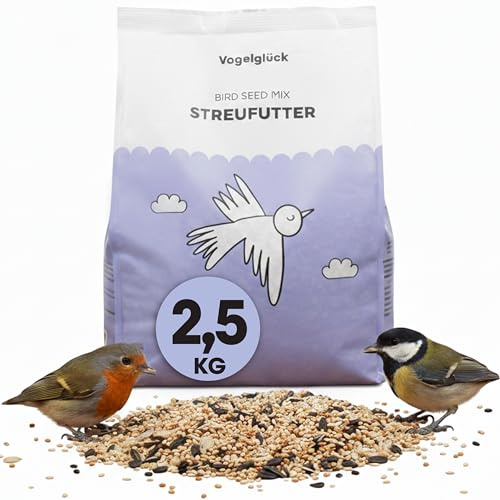 Vogelglück Streufutter Wildvögel 2,5 kg, nährstoffreiche Saaten Getreide Mischung, Ambrosia-kontrolliert, energiereich, Winterfutter, Ganzjahresfutter, Fütterung Futterhäuschen Balkon
