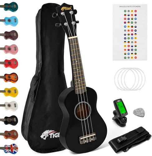 TIGER UKEKIT-BK Pacchetto Ukulele per principianti, Ukulele soprano, accordatore, tracolla, adesivi, corde di ricambio e plettro in feltro - Nero