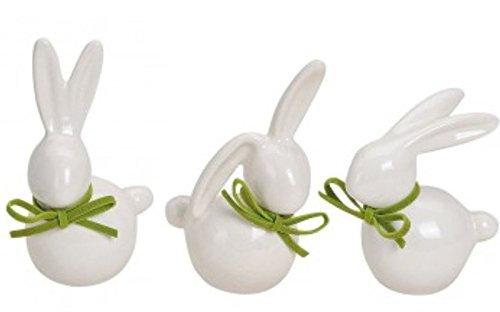 3er Set - Süße Häschen aus Porzellan in weiß mit grüner Schleife - Höhe 7-9 cm