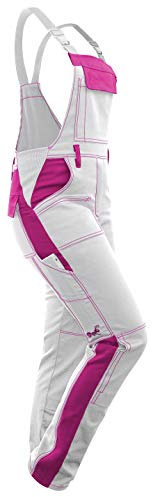 strongAnt Latzhose Damen stretch Arbeitshose für Frauen Malerhose mit Kniepolstertaschen Baumwolle Cargo Hose - Weiß-Pink, Größe 24