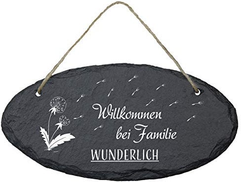 Geschenke 24 Schiefertafel - Türschild mit Pusteblume und Personalisierung (oval): Schieferplatte zum Beschriften für Deine Familie - Geburtstagsgeschenk