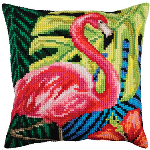 Collection d'Art 5361 Rosa Flamingo Kreuzstichkissen, Baumwolle, Mehrfarbig, 40x40cm