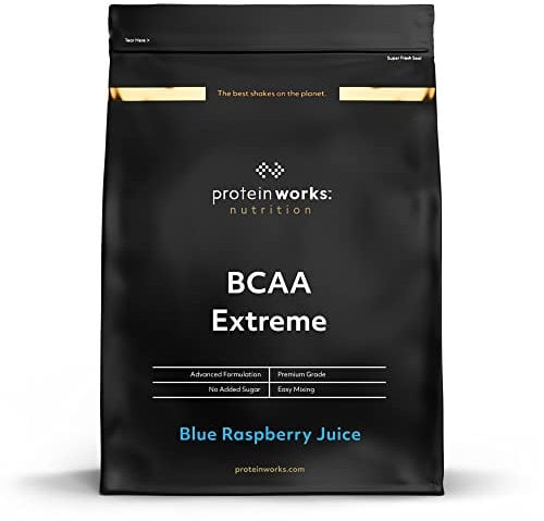 Protein Works - BCAA Extreme, 6000mg BCAAs per Serving, Intense Workout & Energy Drink Powder, Optimal BCAA 4:1:2 Ratio + Magnesium, Calcium, Vitamin C, Blue Raspberry Juice, 55 Servings, 500g