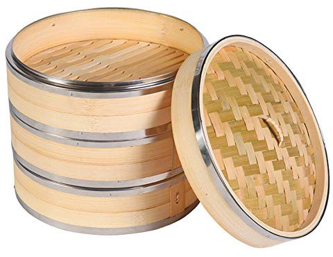MSQL Cuiseur à Vapeur en Bambou de Cuisine à 3 Niveaux 8 Pouces / 21 cm Panier à Vapeur de Riz au Poisson avec Couvercle en Acier Inoxydable, pour la Cuisine Asiatique