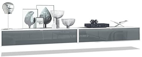 Vladon 2er-Set TV Board Lana 140, Made in Germany, Lowboards je 140 x 29 x 37 cm mit viel Stauraum, Korpus in Weiß matt, Fronten in Grau Hochglanz | Große Farbauswahl