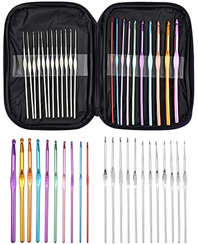 Häkeln Nadeln 22 Stück Aluminium Häkelnadel Set Metall Leicht Markierer Nadelset Aluminium Hookset Knit Craft Tool für Nähmaschinengarn Deckchen Baby-Kleidun(0.6-6.5mm)