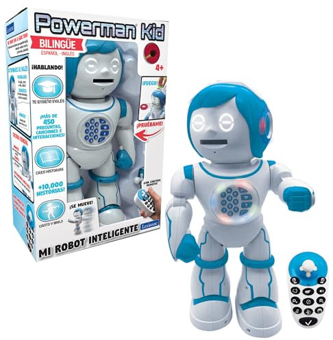 LEXIBOOK, Powerman Kid, Robot Educativo bilingüe, Que Habla inglés y español, Baila, Toca música, Cuenta Historias 450+ Pruebas, Lanza Discos, Español, ROB90ES
