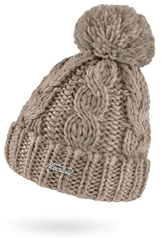 Neverless® Damen Mütze Grobstrick Strick-Bommel Pudelmütze Zopfstrickmuster Wintermütze Umschlag Dunkelbeige Unisize