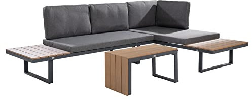 Möbel Jack Gartengarnitur Gartenlounge Sitzgruppe Gartengruppe Set mit Tisch und Kissen | 4-teilig | Aluminium | Holz | Grau | Naturfarben | B 253 cm x T 175 cm