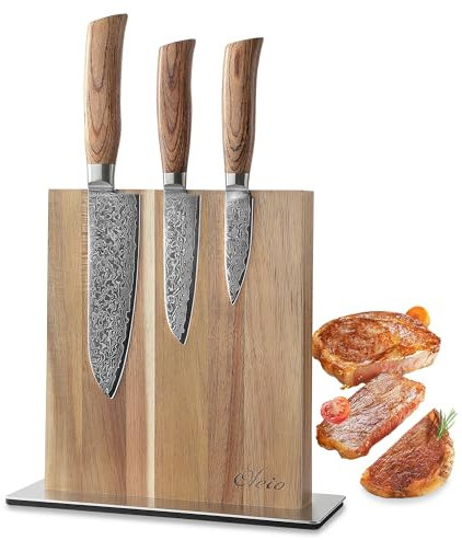 Wakoli EDIB Pro Messer Set - magnetischer Messerblock | Küchenmesser Set 3-teilige, 8,5-16 cm aus 67 Lagen Damaststahl mit VG10-Kern | Damastmesser mit Pakkaholzgriffe | Messerset für Gemüse & Fleisch