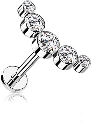 Treuheld® Labret Piercing mit runden Kristallen | Größe: 1.2mm x 6mm | Farbe: silber - Kristalle: klar