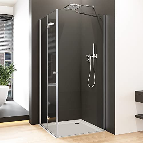 Eckeinstieg Duschkabine Falttür 75x90 cm Duschabtrennung mit Seitenwand, 90x75 cm Glas Duschwand mit festem Seitenteil Dusche aus 6mm ESG Nano Sicherheitsglas, Falttürkabine Höhe: 185cm