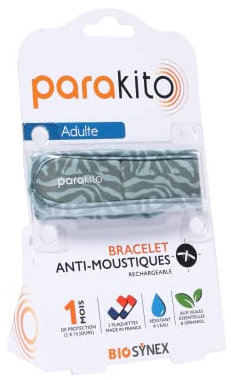 PARAKITO - Pulsera antimosquitos reutilizable, 2 pastillas incluidas con aceites esenciales, 1 mes de protección, sin deet, diseño de selva, talla adulta