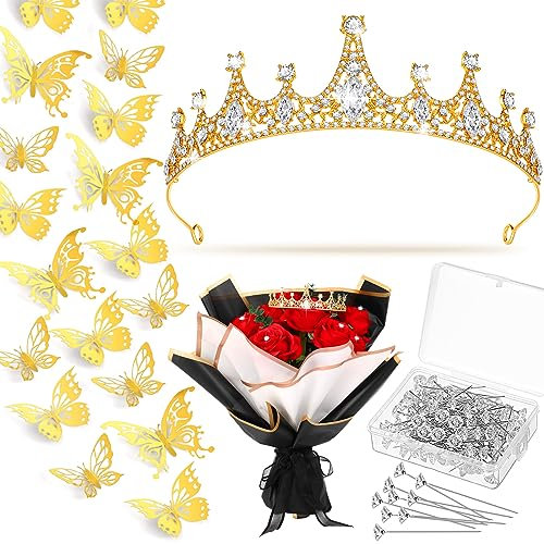 Yuxung 113 Stück Blumenstrauß-Accessoires umfassen 14 x 5,1 cm Stirnband Prinzessin elegante Krone für Frauen Mädchen Blumenstrauß Pins und 3D Gold Schmetterlinge Dekor für Blumenparty Arrangements