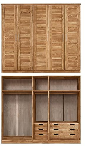 Lomadox Schlafzimmer Schlafzimmerschrank Schrank 5-türiger Massivholz Kleiderschrank mit Kleiderstange und Schubkasteneinsätzen in Wildeiche massiv, B/H/T: ca. 238/210/61 cm